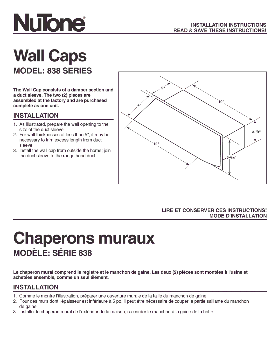 NuTone installation instructions Wall Caps, Chaperons muraux, Model 838 Series, Modèle Série 