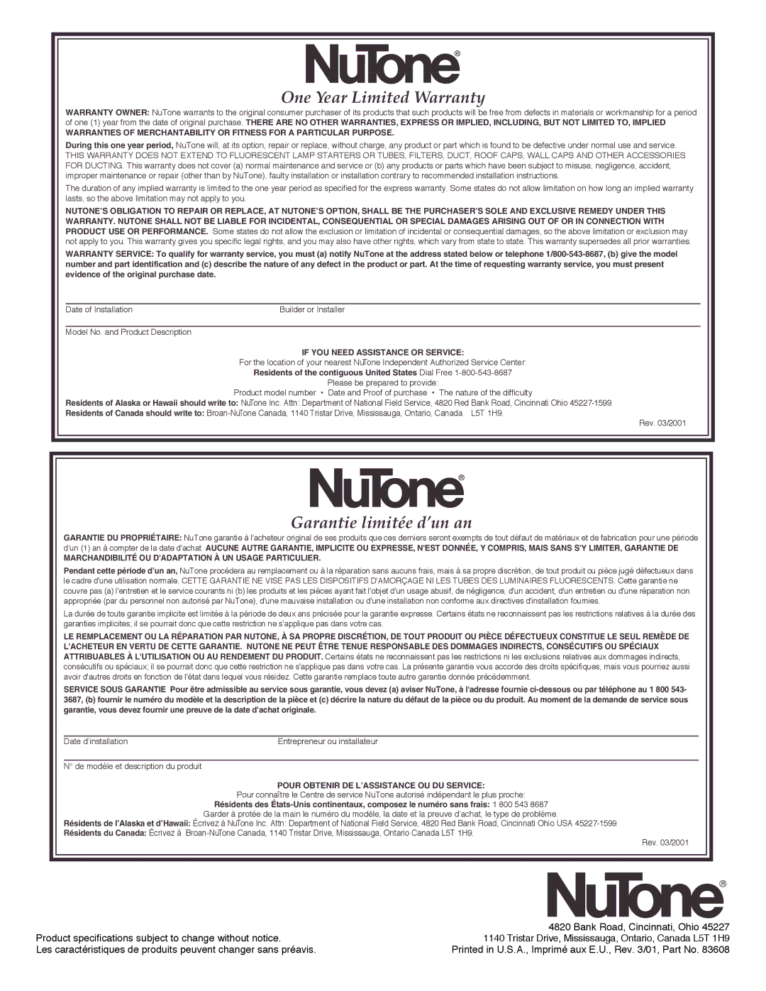 NuTone 838 One Year Limited Warranty, Garantie limitée d’un an, Marchandibilité OU Dadaptation À UN Usage Particulier 