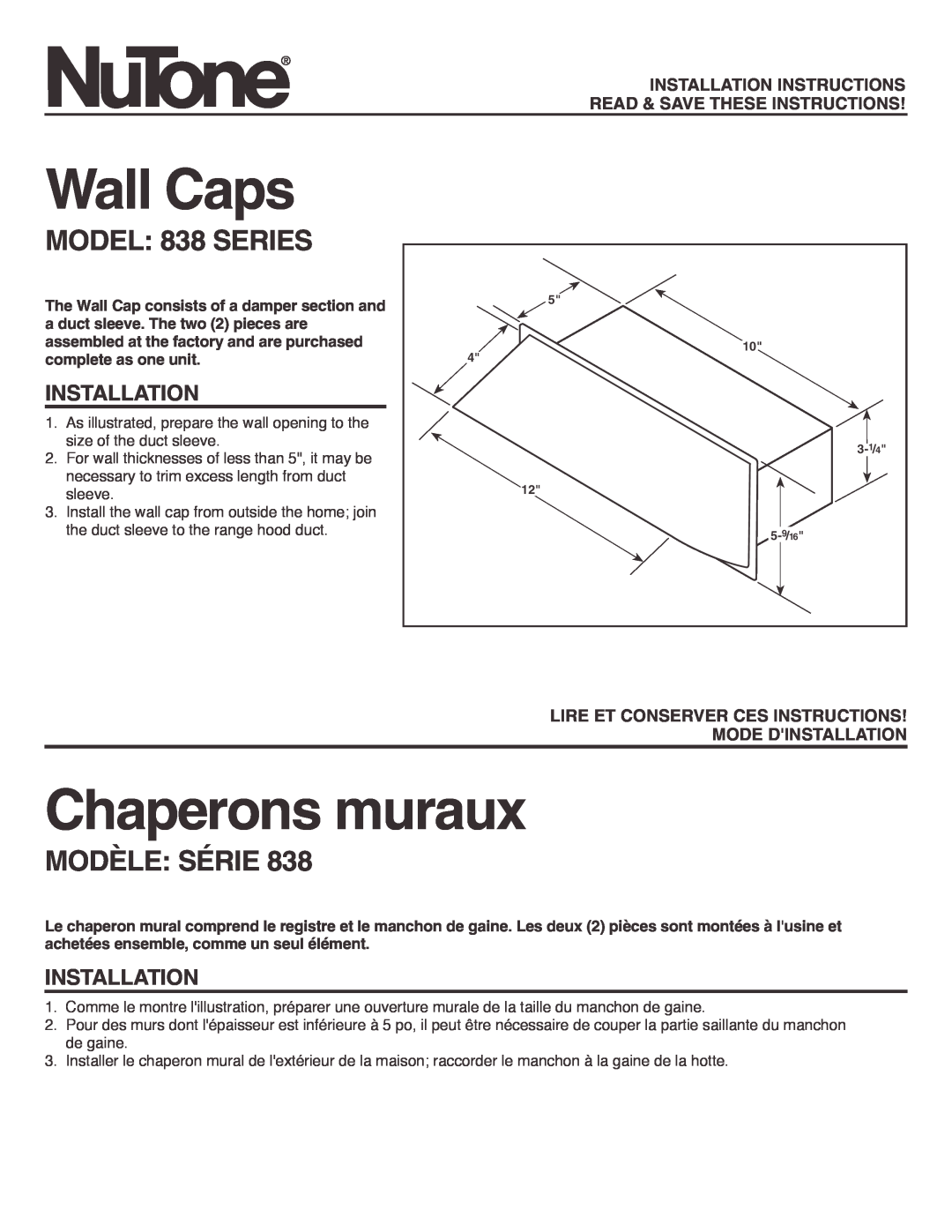 NuTone installation instructions Wall Caps, Chaperons muraux, MODEL 838 SERIES, Modèle Série, Installation 