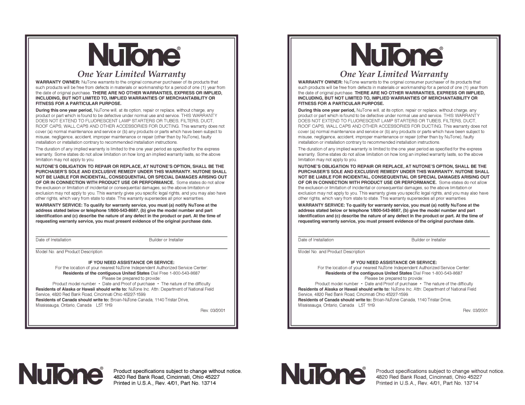 NuTone 846 installation instructions One Year Limited Warranty, If YOU Need Assistance or Service 