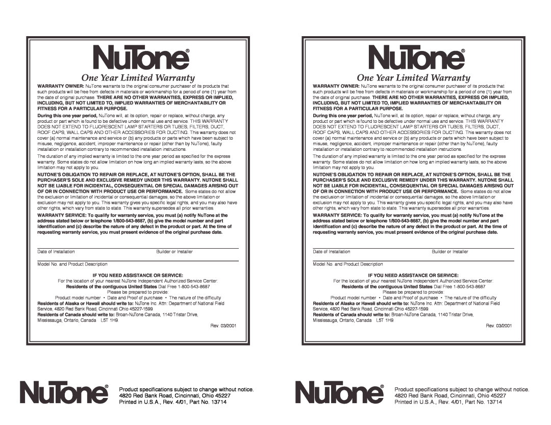 NuTone 846 installation instructions One Year Limited Warranty 