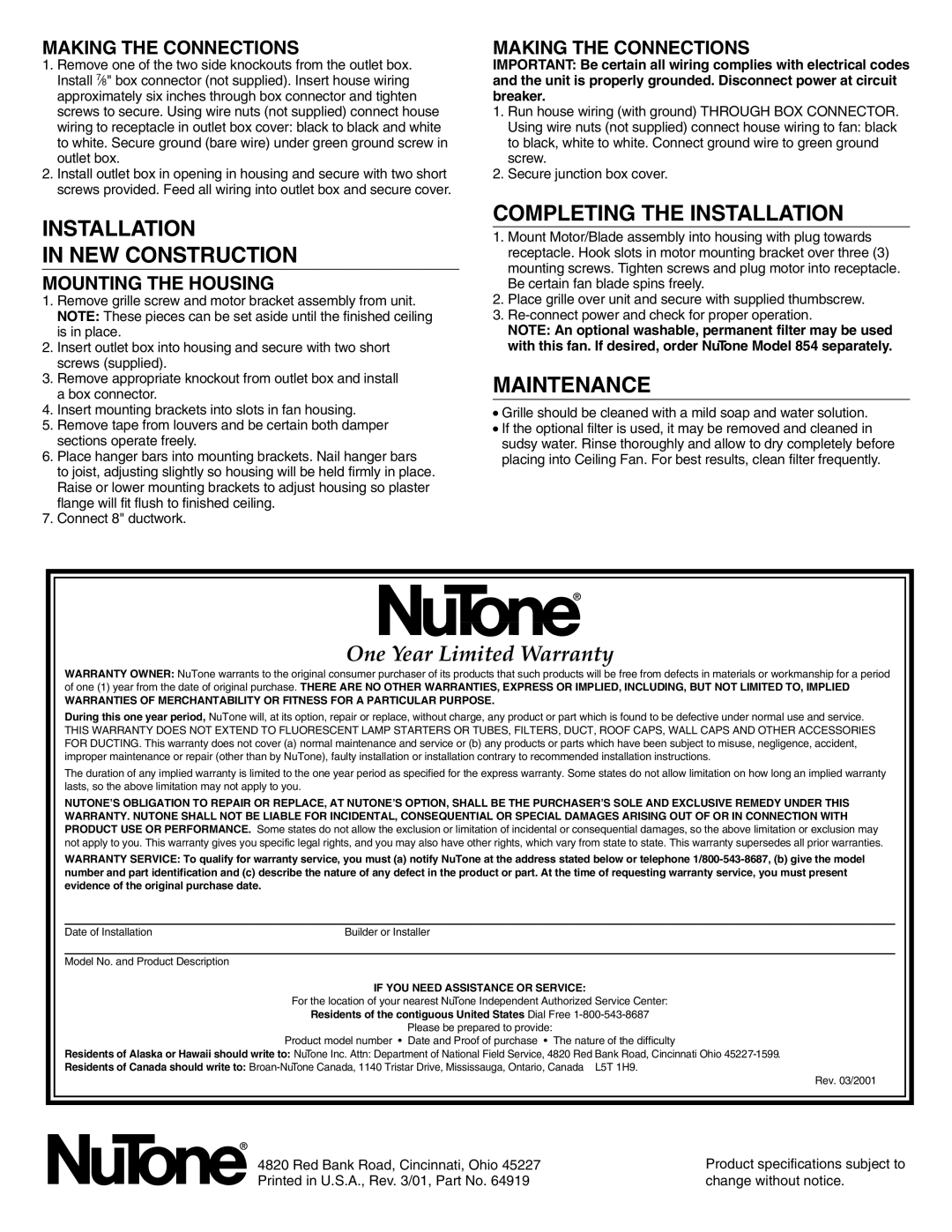 NuTone 8490 Installation NEW Construction, Completing the Installation, Maintenance, Making the Connections 