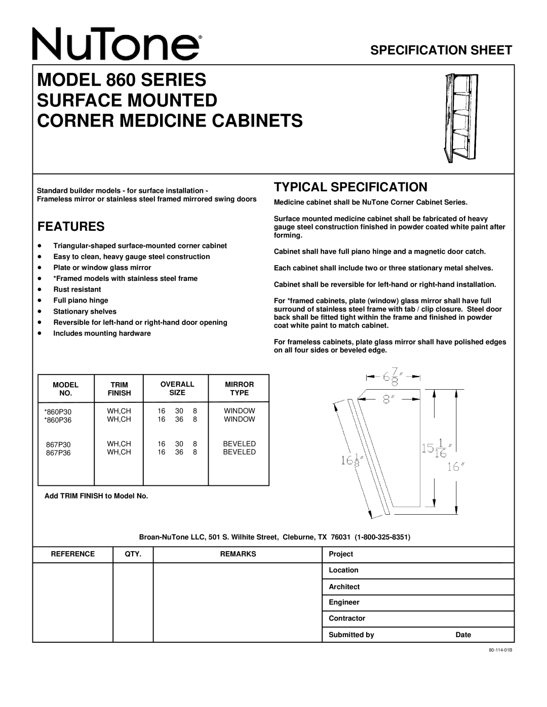 NuTone specifications Model 860 Series Surface Mounted Corner Medicine Cabinets, Specification Sheet, Features 