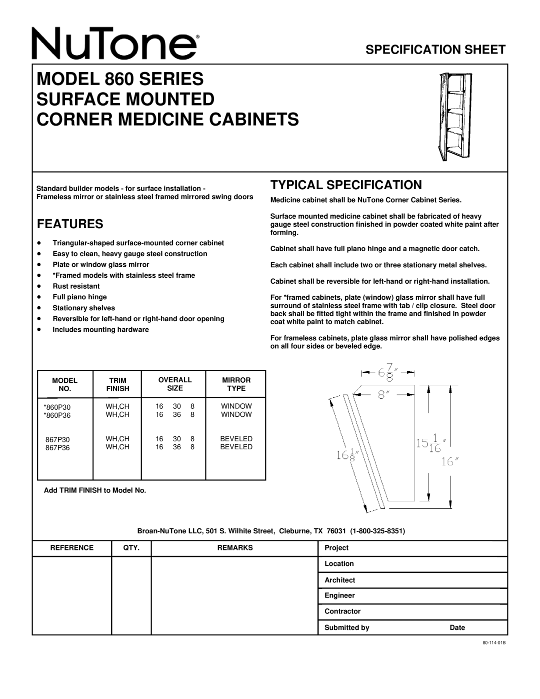 NuTone specifications MODEL 860 SERIES SURFACE MOUNTED, Corner Medicine Cabinets, Specification Sheet, Features 