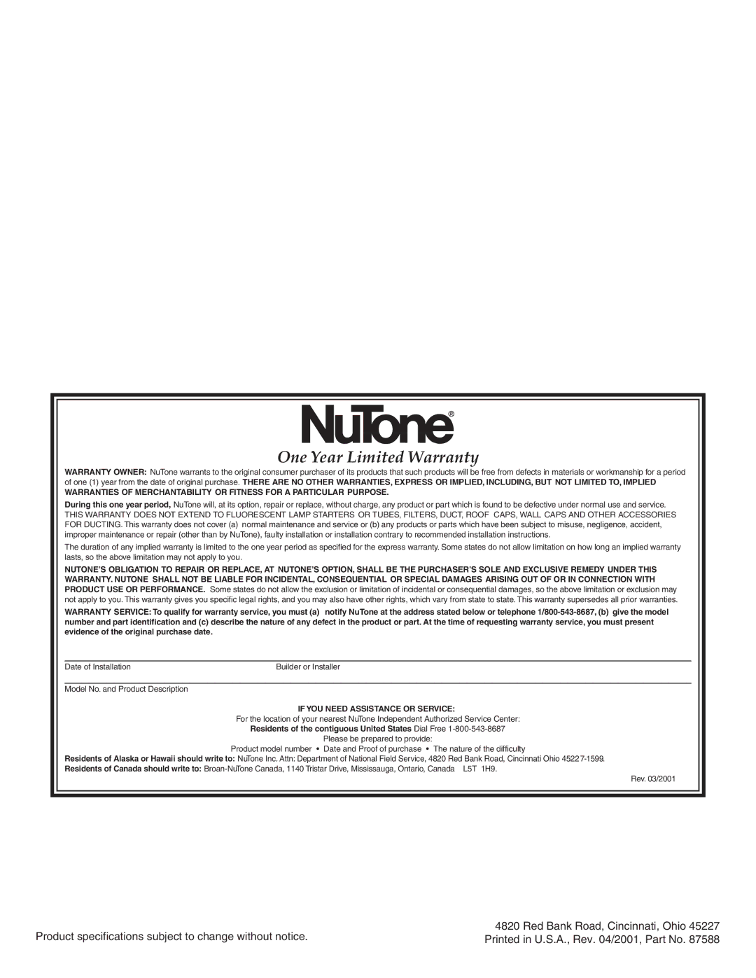 NuTone 8663RF important safety instructions One Year Limited Warranty 