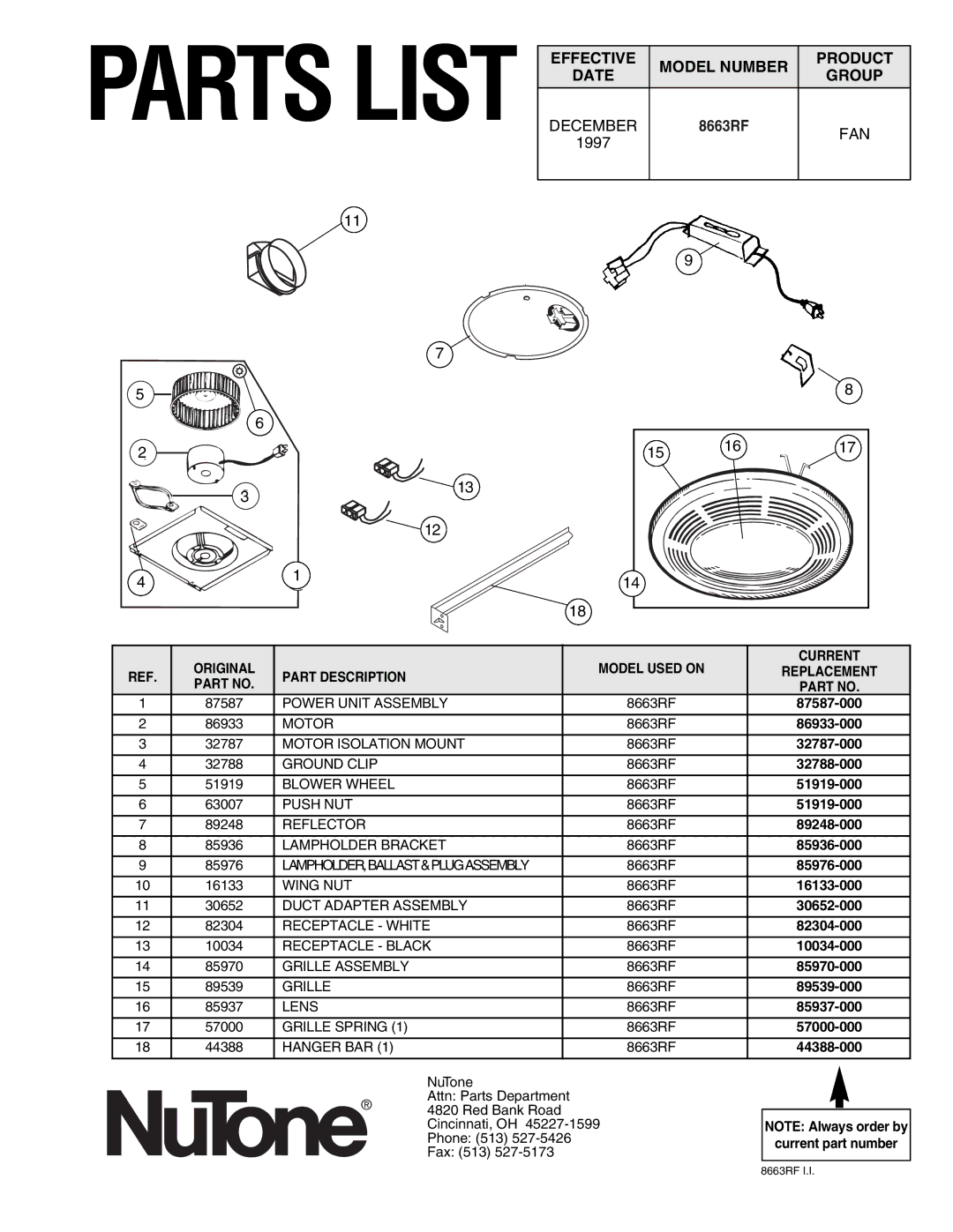 NuTone 8663RF important safety instructions December, Fan, Date Group 