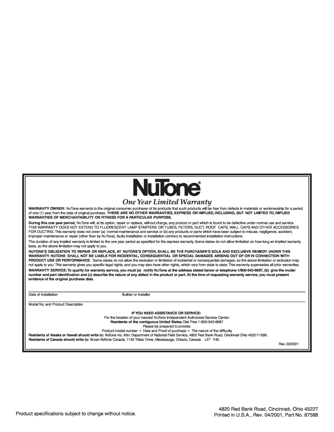 NuTone 8663RF One Year Limited Warranty, Product specifications subject to change without notice 
