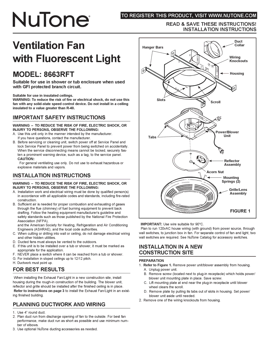 NuTone important safety instructions Model 8663RFT 