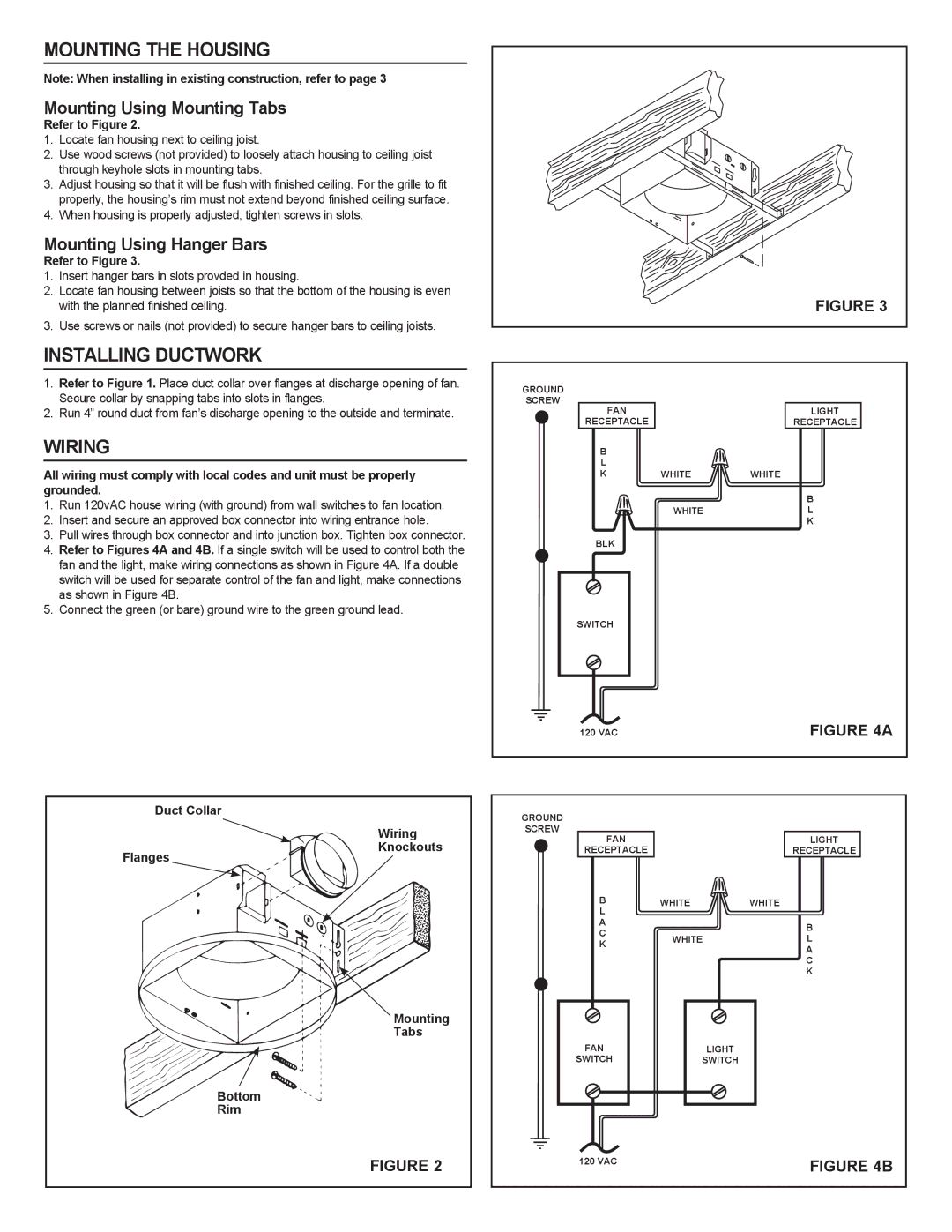 NuTone 8663RFT important safety instructions Mounting the Housing, Installing Ductwork, Wiring 