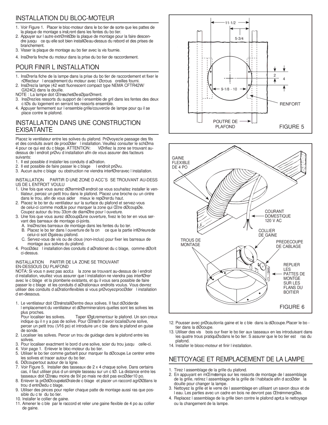 NuTone 8663RFT Installation DU BLOC-MOTEUR, Pour Finir L’INSTALLATION, Installation Dans UNE Construction Exisatante 