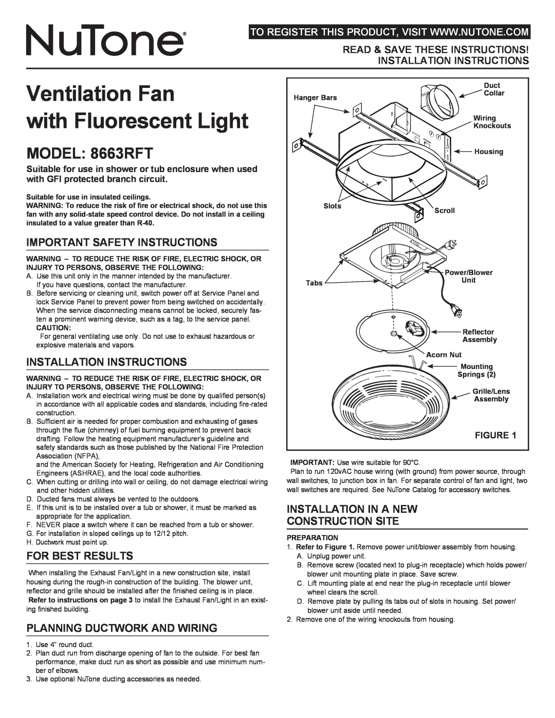 NuTone important safety instructions MODEL 8663RFT, Important Safety Instructions, Installation Instructions 