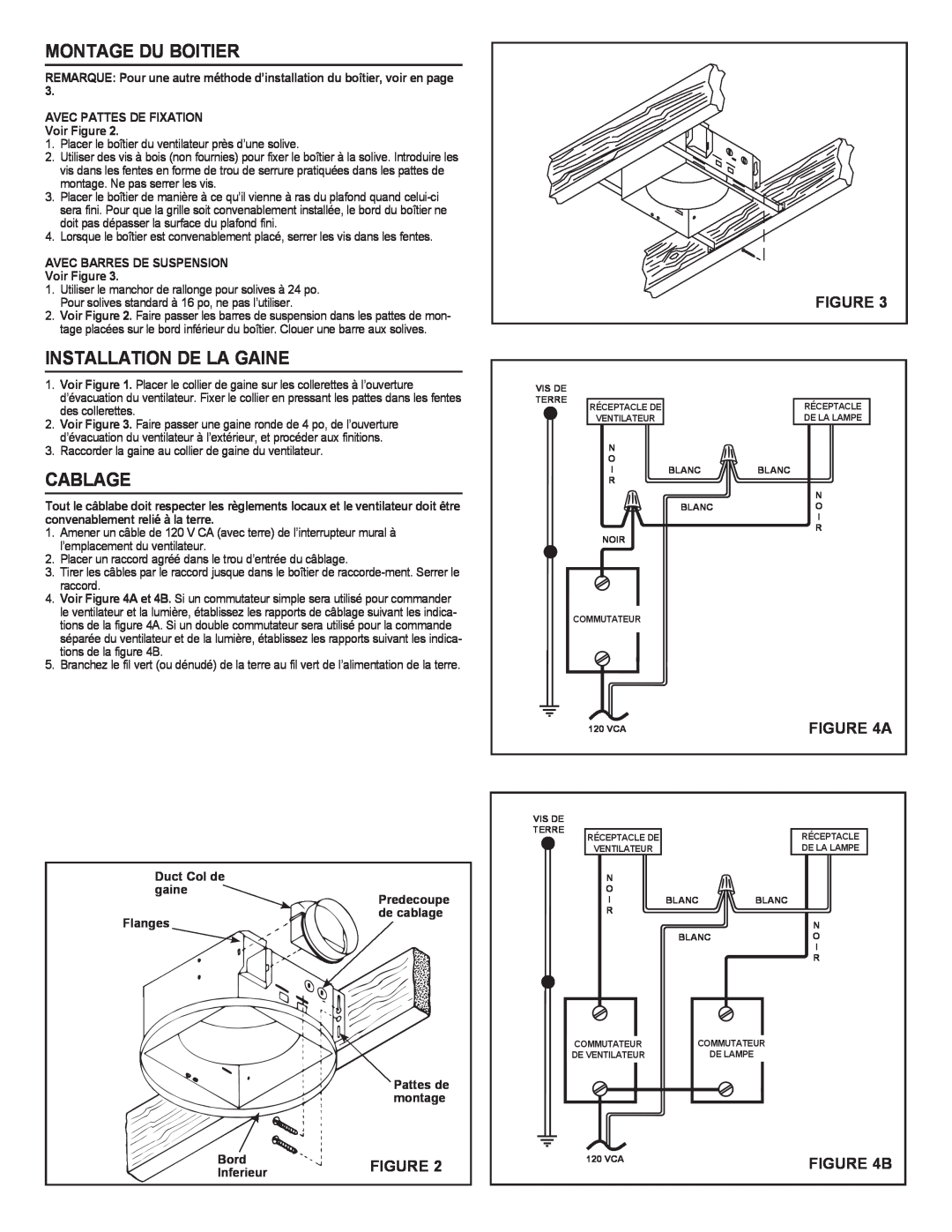 NuTone 8663RFT important safety instructions Montage Du Boitier, Installation De La Gaine, Cablage, A 