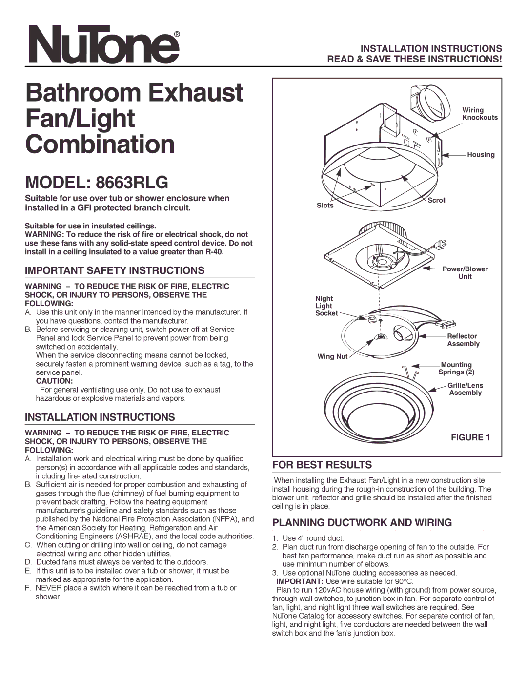 NuTone installation instructions Model 8663RLG, Important Safety Instructions, Installation Instructions 