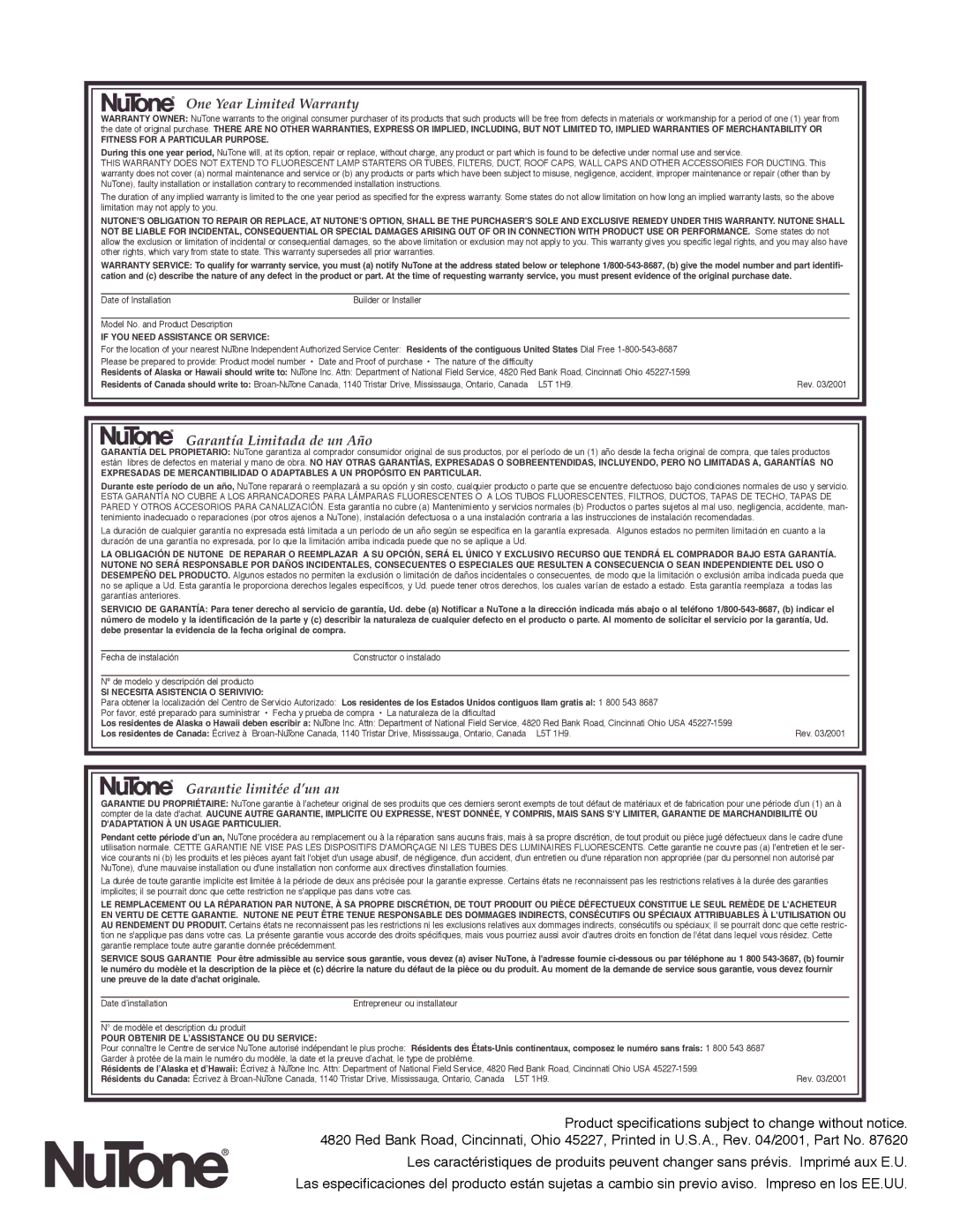 NuTone 8663RLG installation instructions One Year Limited Warranty 