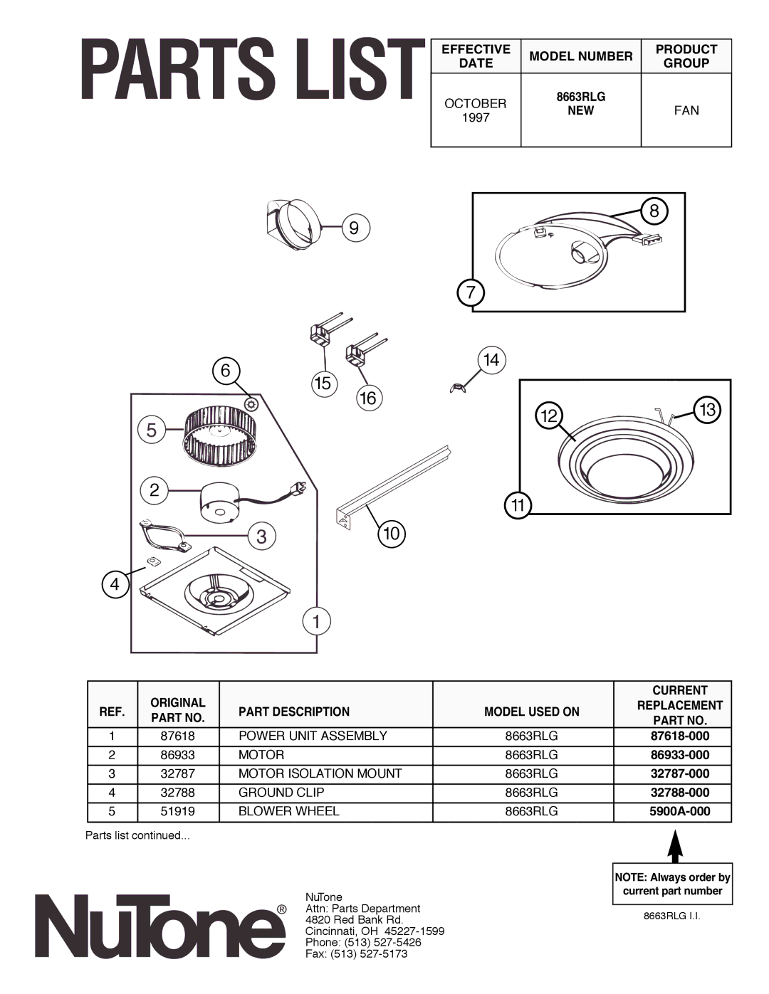 NuTone 8663RLG installation instructions Parts List, New 