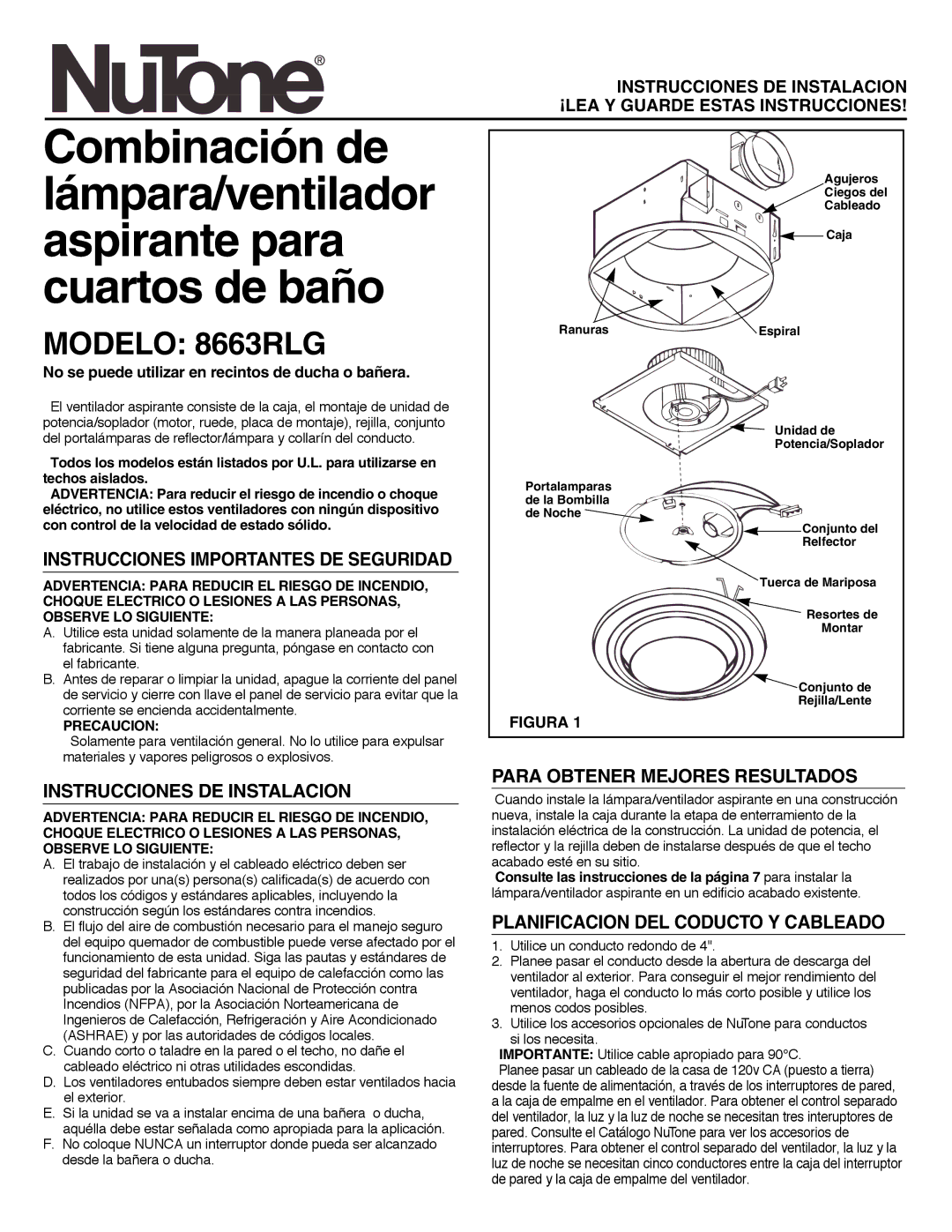 NuTone installation instructions Modelo 8663RLG, Instrucciones Importantes DE Seguridad, Instrucciones DE Instalacion 