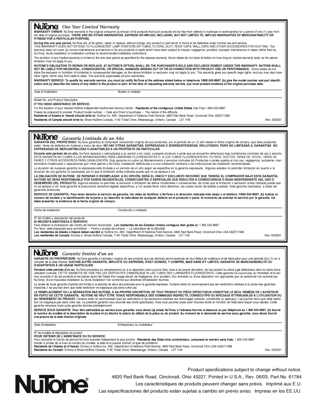 NuTone 8673RP, 8664RP, 8663RP important safety instructions One Year Limited Warranty 