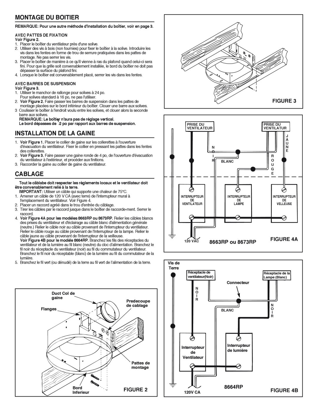NuTone 8663RP, 8664RP, 8673RP important safety instructions Montage Du Boitier, Installation De La Gaine, Cablage 