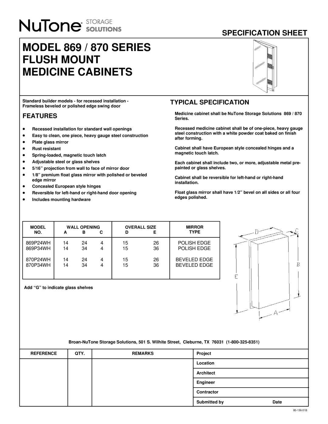 NuTone 869 / 870 specifications Flush Mount Medicine Cabinets, Features, Typical Specification 