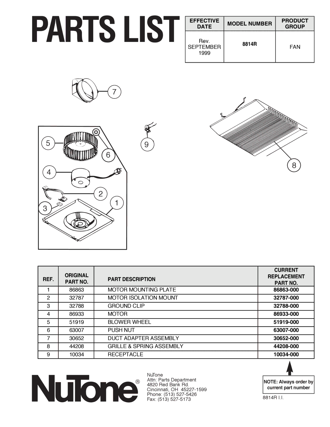 NuTone 8814R Rev, 1999, 86863-000, 32787-000, 32788-000, 86933-000, 51919-000, 63007-000, 30652-000, 44208-000, 10034-000 