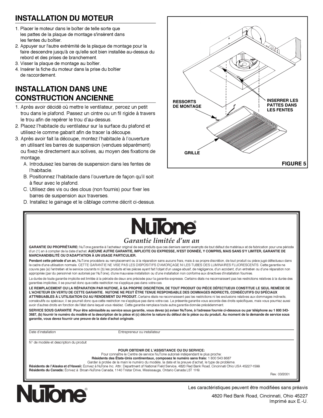 NuTone 8814R Installation DU Moteur, Installation Dans UNE Construction Ancienne, Garantie limitée d’un an 