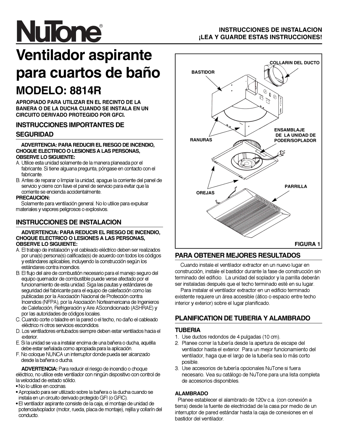 NuTone 8814R Instrucciones Importantes DE Seguridad, Instrucciones DE Instalacion, Para Obtener Mejores Resultados 