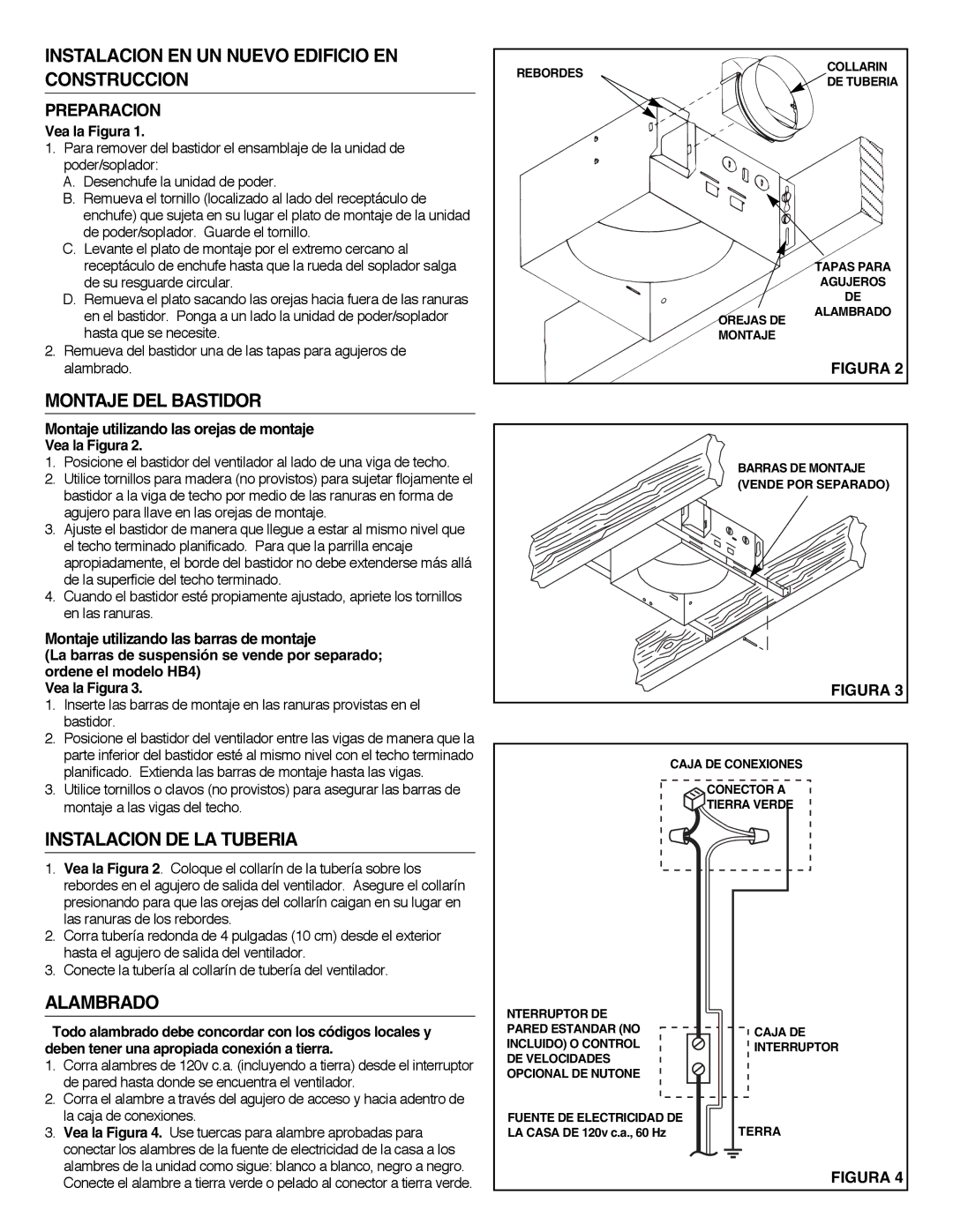 NuTone 8814R Instalacion EN UN Nuevo Edificio EN Construccion, Montaje DEL Bastidor, Instalacion DE LA Tuberia, Alambrado 