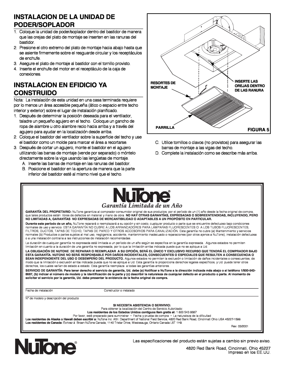 NuTone 8814R Instalacion De La Unidad De Poder/Soplador, Instalacion En Efidicio Ya Construido, Figura 