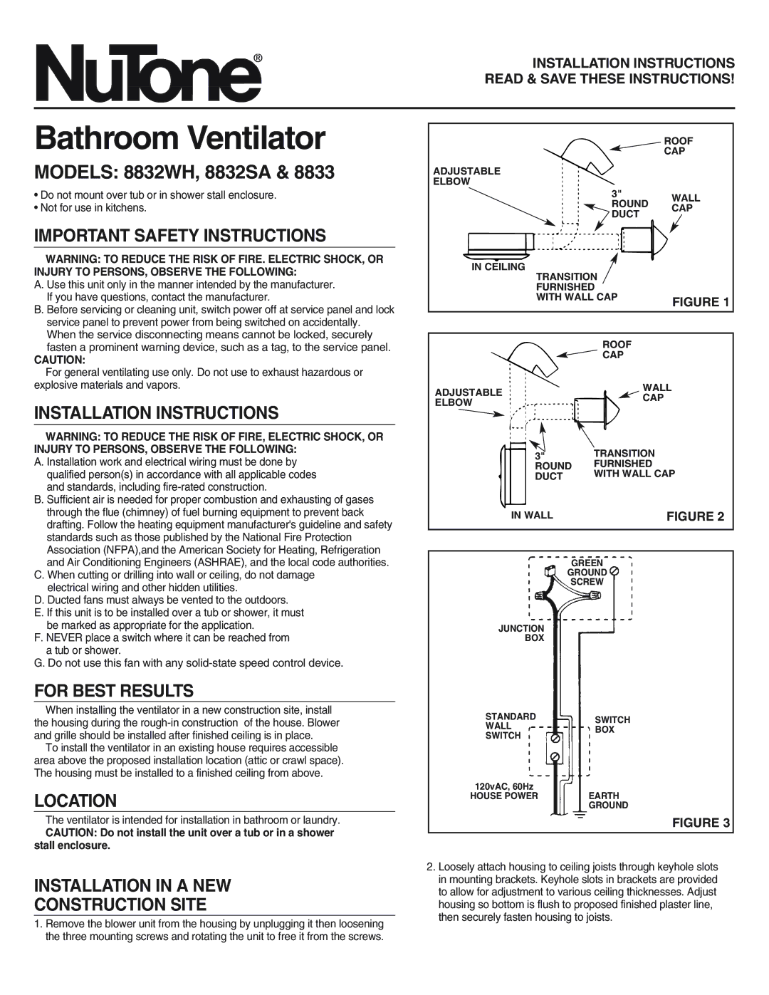 NuTone 8833 important safety instructions Models 8832WH, 8832SA 