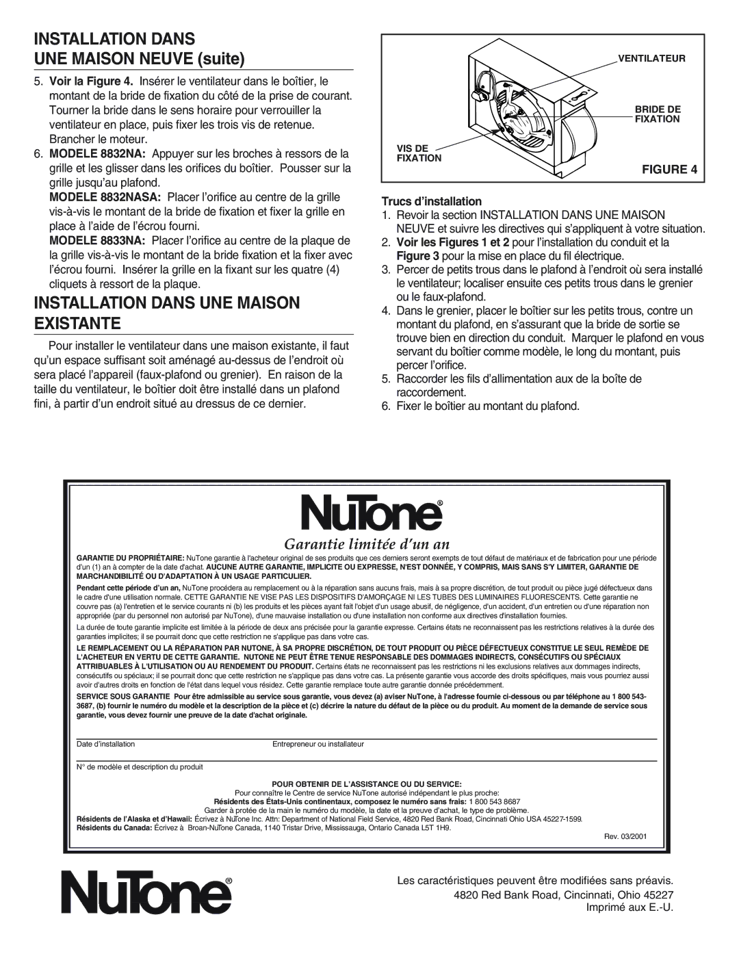 NuTone 8832SA, 8833, 8832WH Installation Dans UNE Maison Existante, Garantie limitée d’un an 