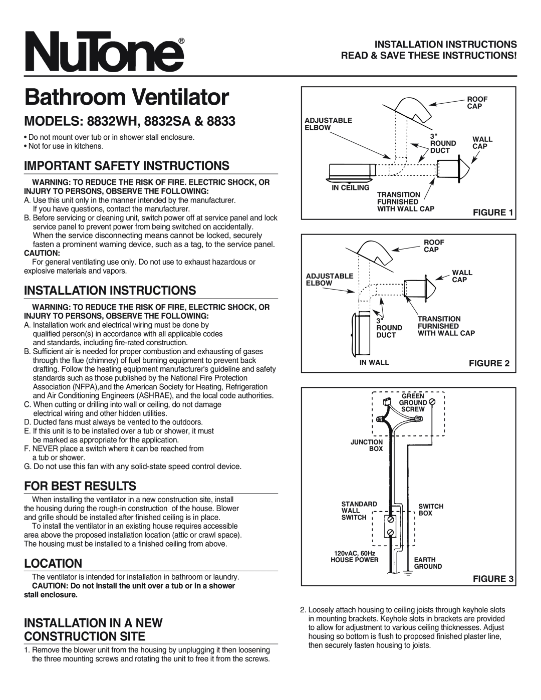 NuTone important safety instructions MODELS 8832WH, 8832SA, Important Safety Instructions, Installation Instructions 