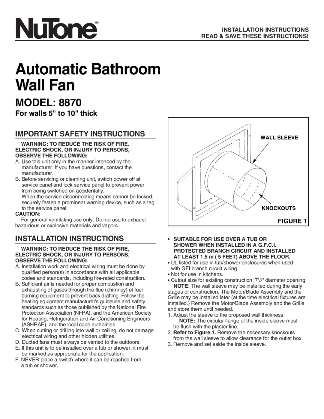 NuTone 8870 important safety instructions Important Safety Instructions, Installation Instructions, Wall Sleeve Knockouts 