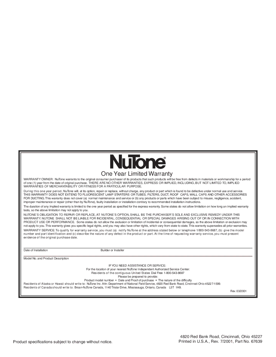 NuTone 8870 important safety instructions One Year Limited Warranty 