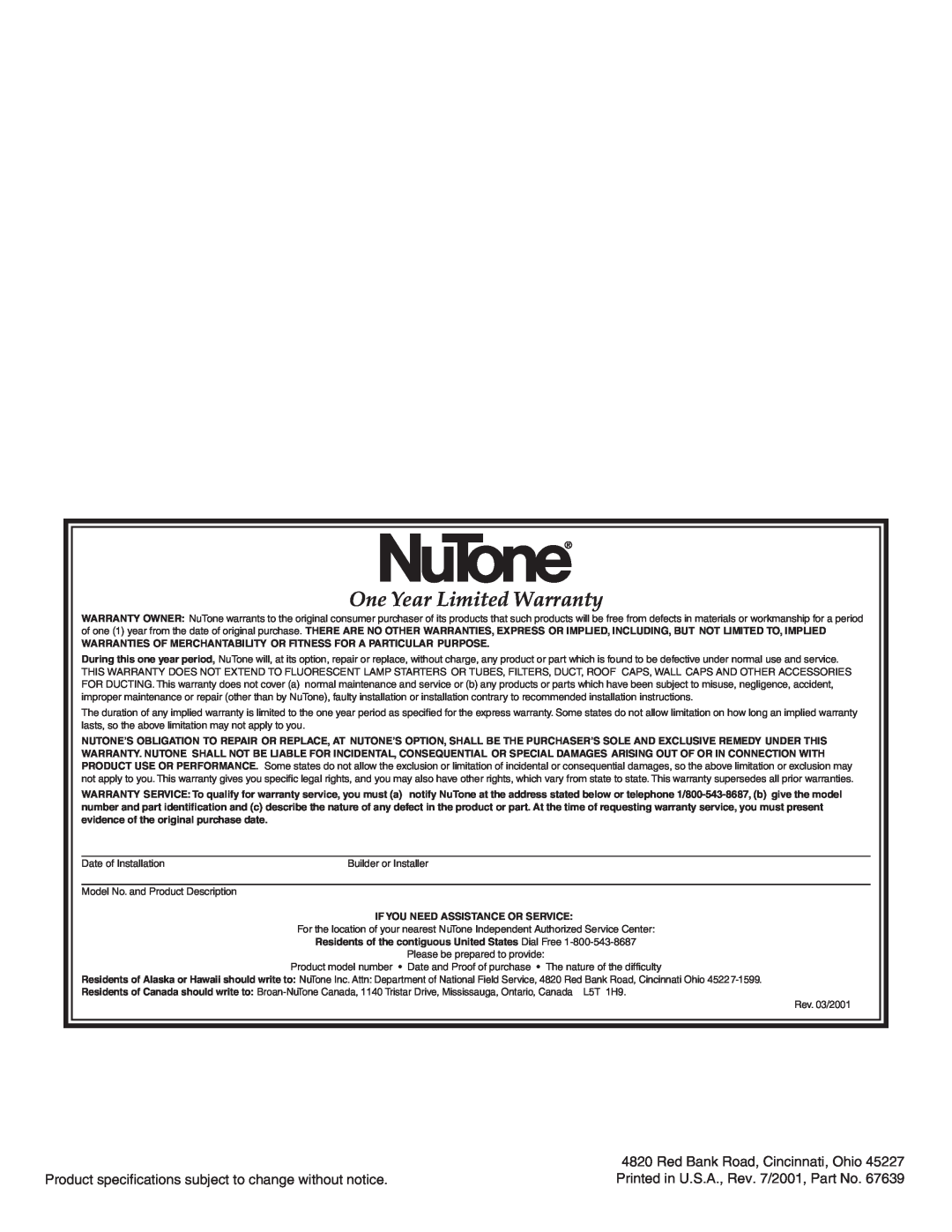 NuTone 8870 important safety instructions One Year Limited Warranty, Red Bank Road, Cincinnati, Ohio 
