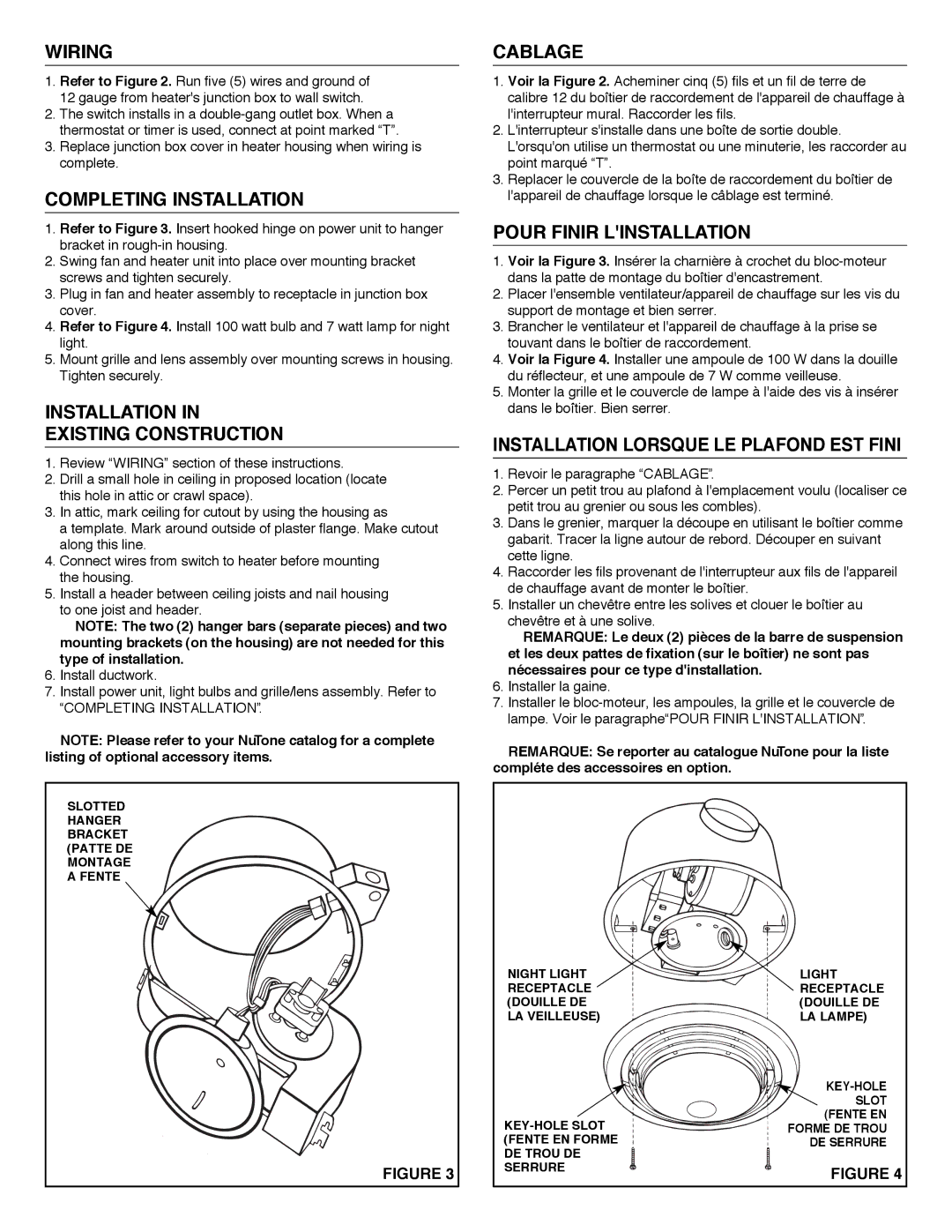 NuTone 9093 Wiring, Completing Installation, Installation Existing Construction, Cablage, Pour Finir Linstallation 