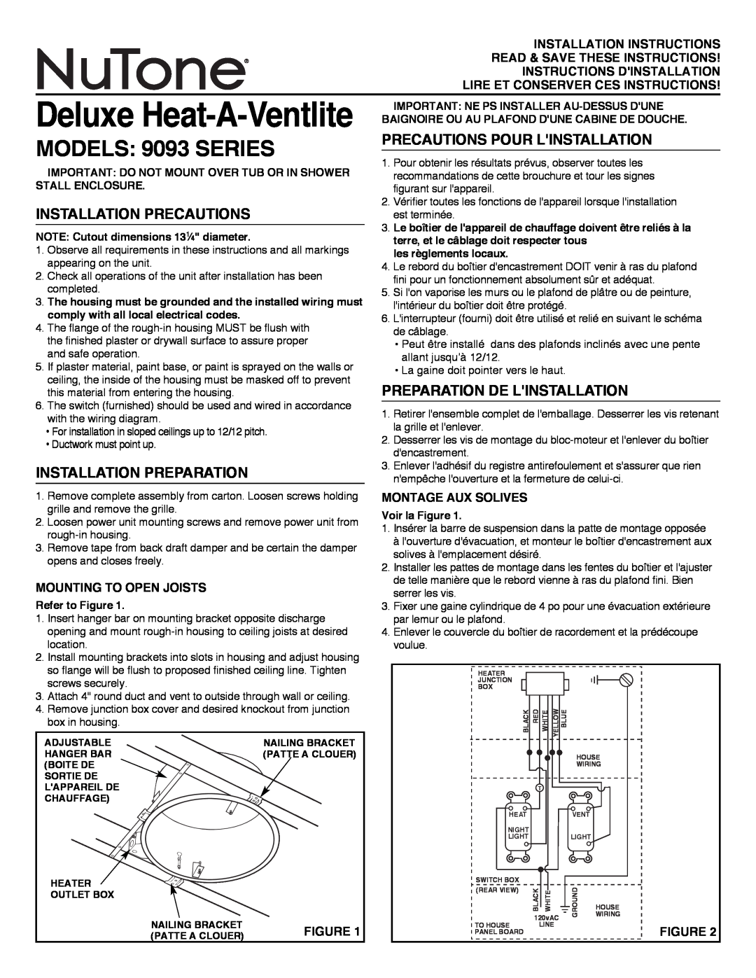 NuTone 9093 installation instructions Precautions Pour Linstallation, Installation Precautions, Installation Preparation 