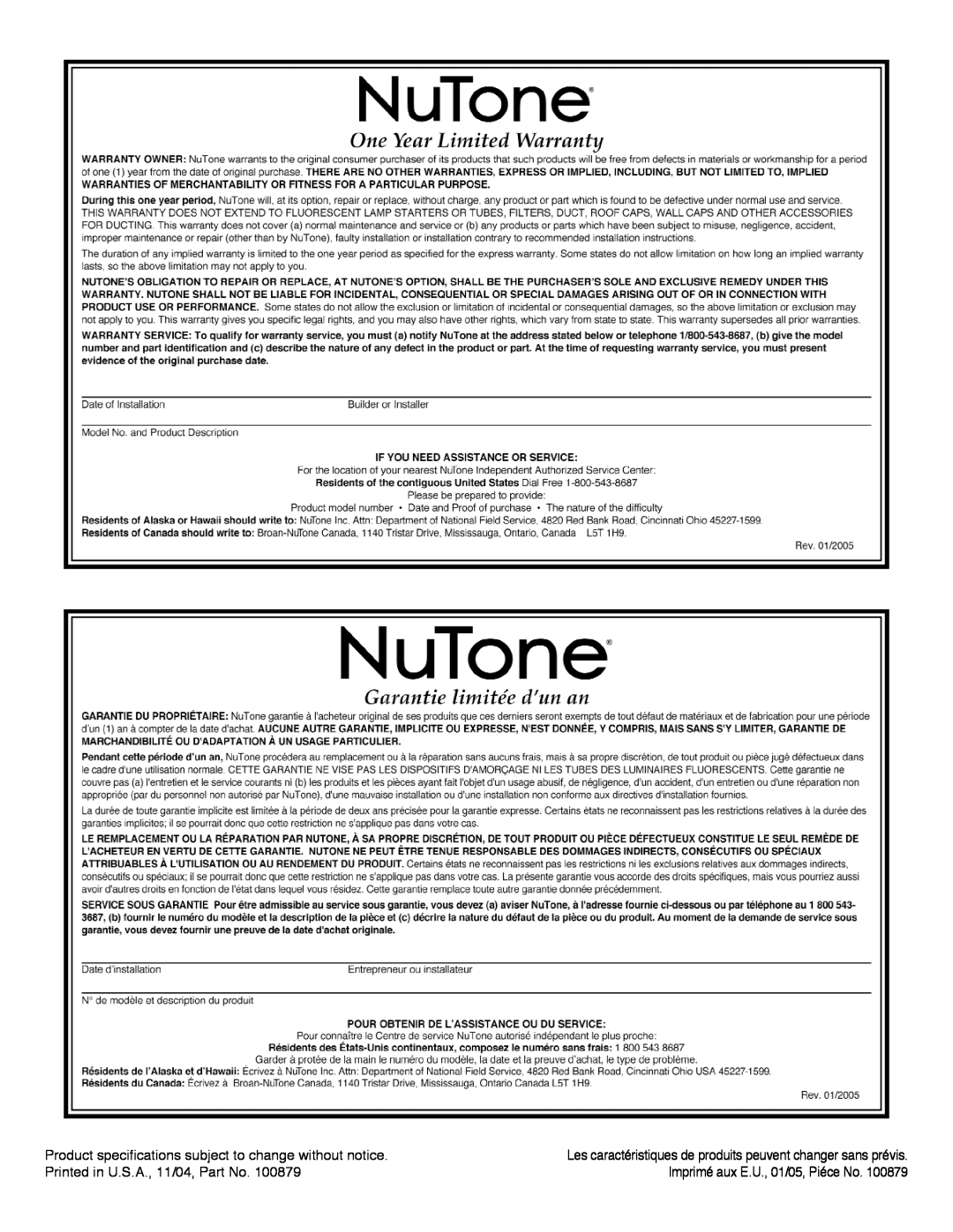 NuTone 9093 installation instructions 