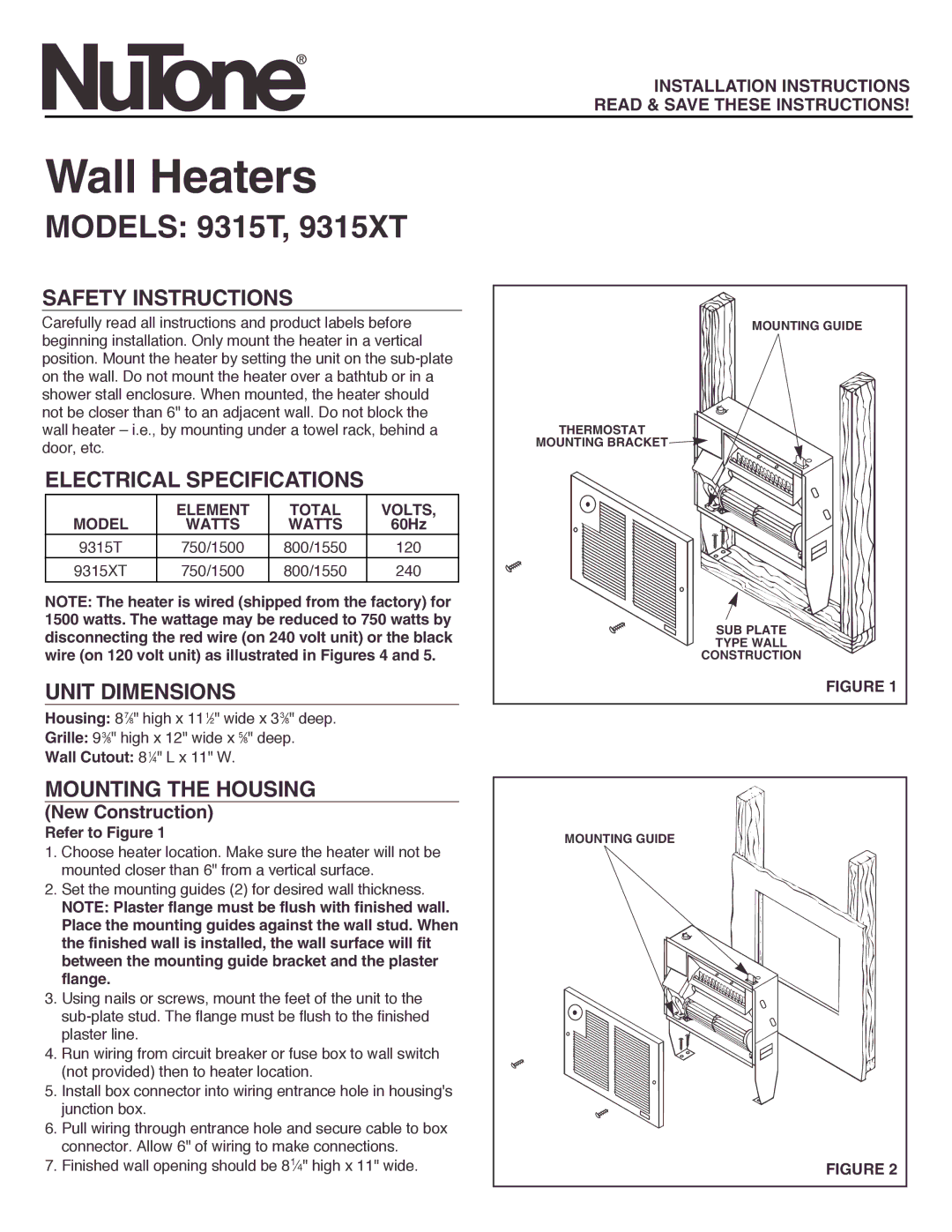 NuTone 9315T installation instructions Safety Instructions, Electrical Specifications, Unit Dimensions, New Construction 