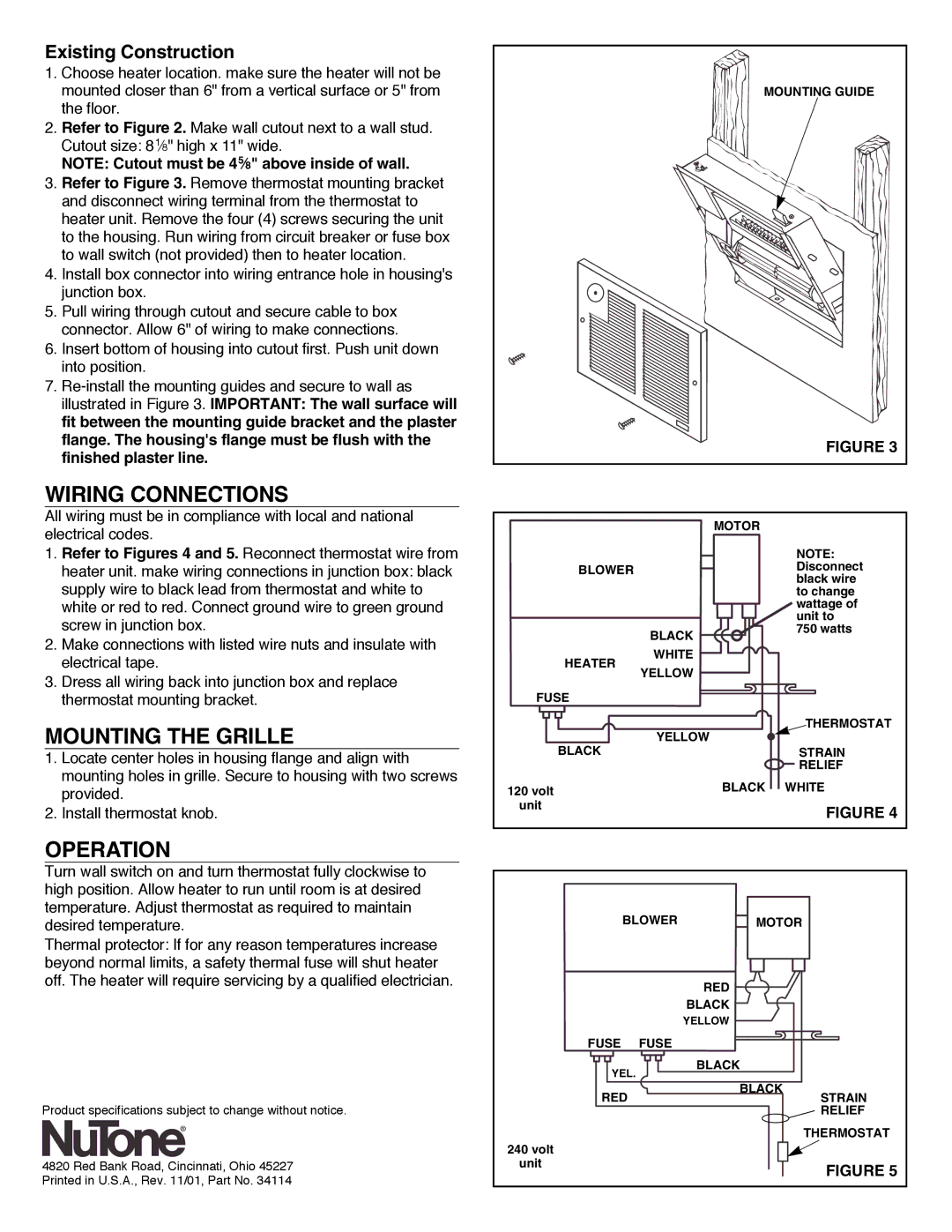 NuTone 9315XT, 9315T installation instructions Wiring Connections, Mounting the Grille, Operation, Existing Construction 