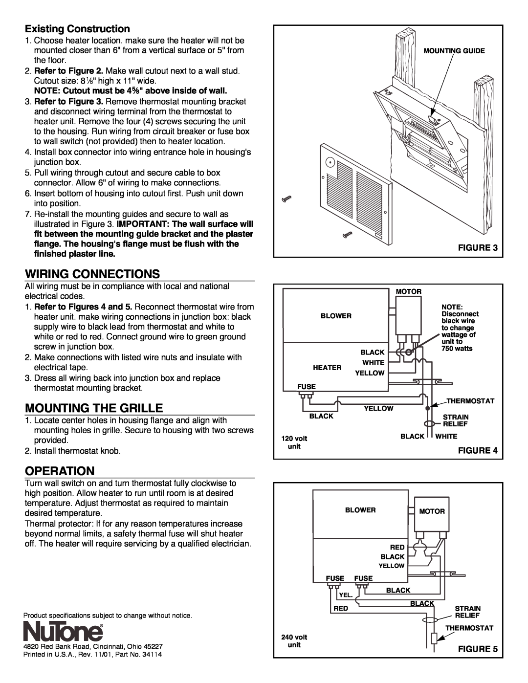 NuTone 9315XT, 9315T installation instructions Wiring Connections, Mounting The Grille, Operation, Existing Construction 