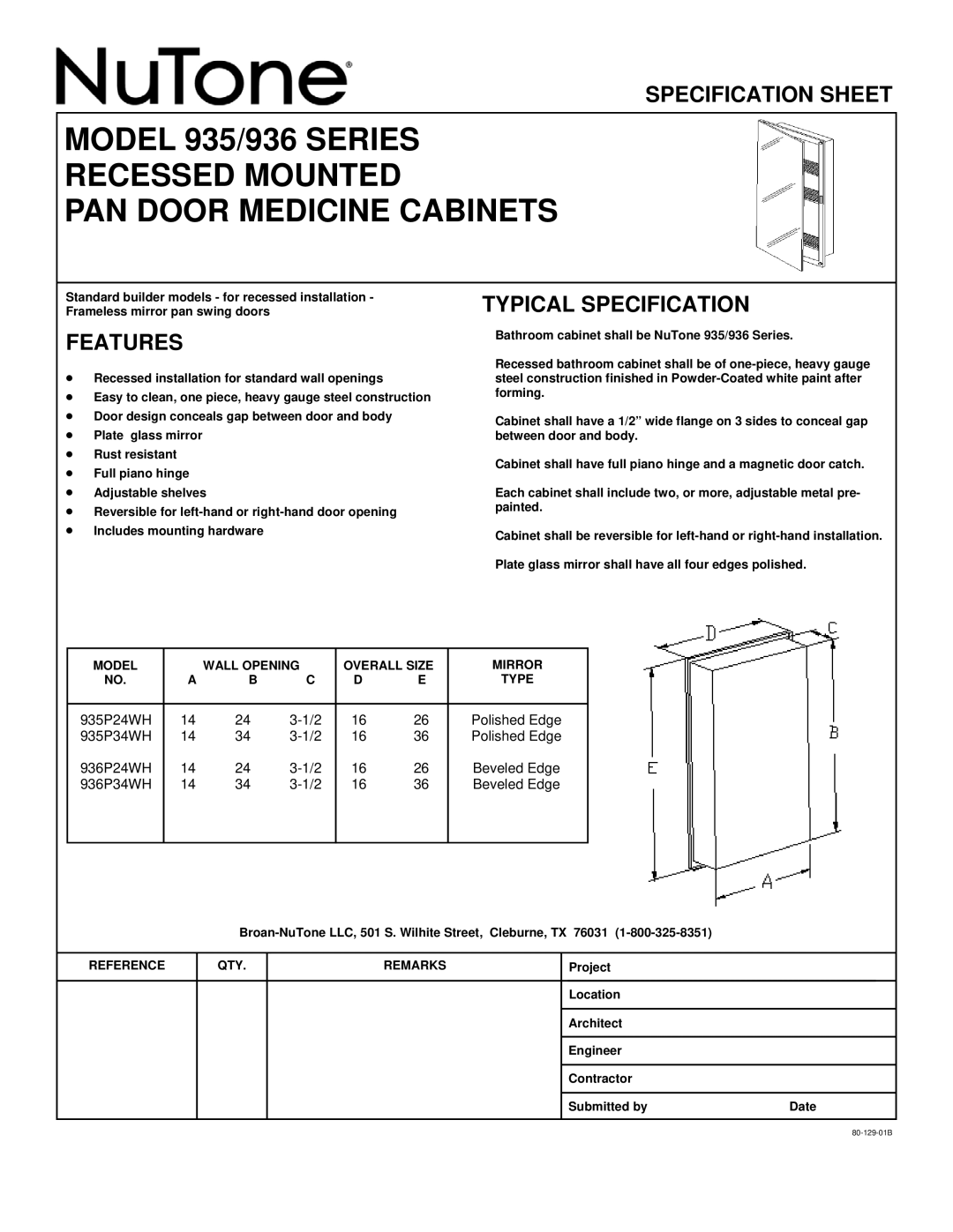 NuTone 935/936 specifications Specification Sheet, Features, Typical Specification, Reference QTY Remarks 