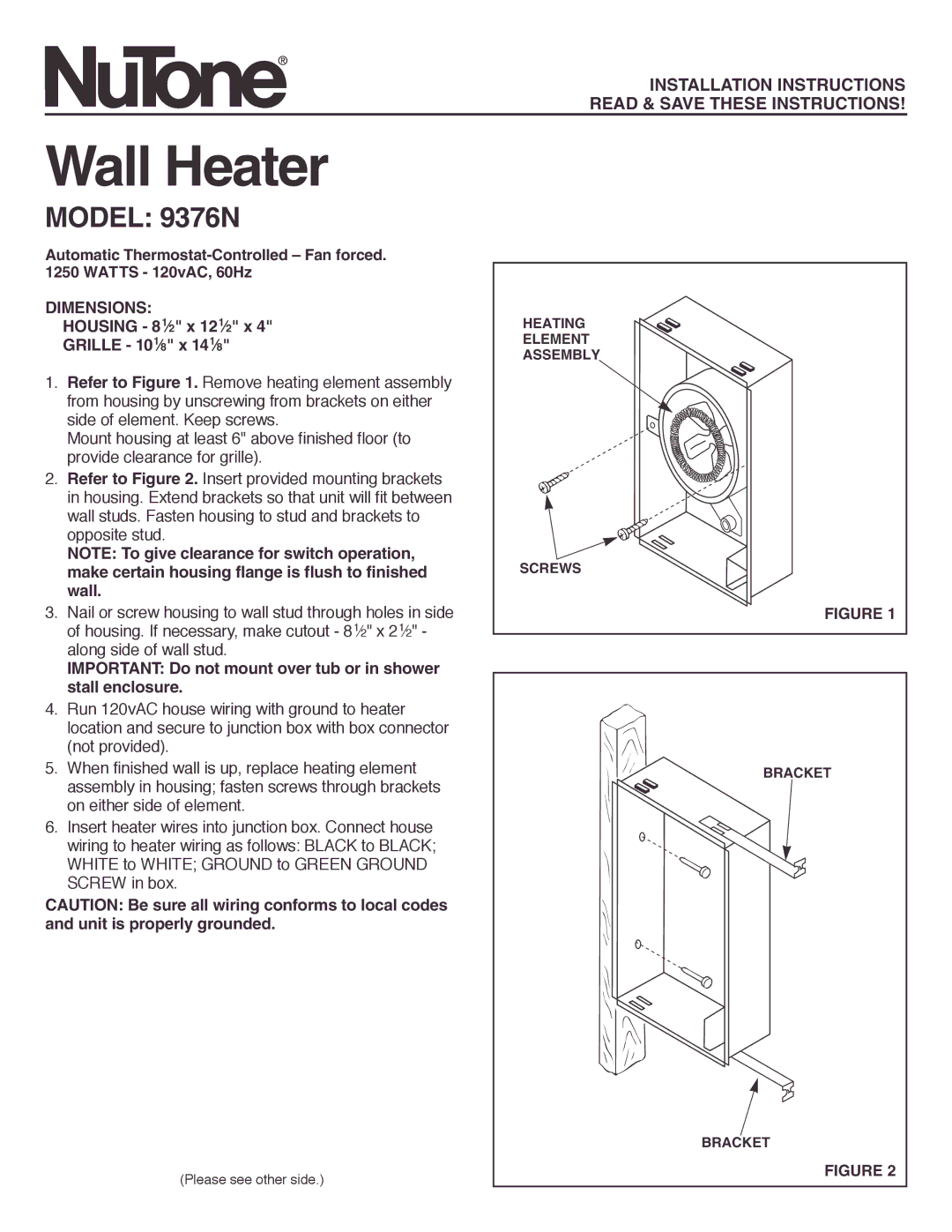 NuTone installation instructions Wall Heater, Model 9376N, Installation Instructions Read & Save These Instructions 