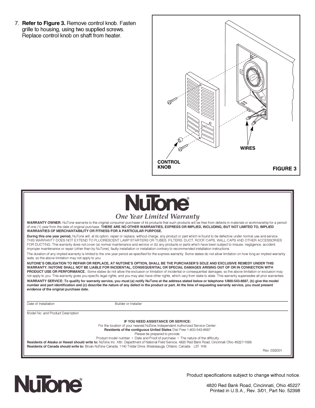 NuTone 9376N installation instructions One Year Limited Warranty, If YOU Need Assistance or Service 