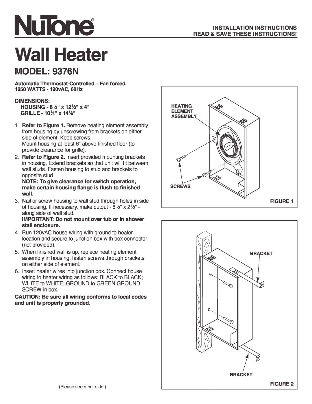 NuTone installation instructions Wall Heater, MODEL 9376N 