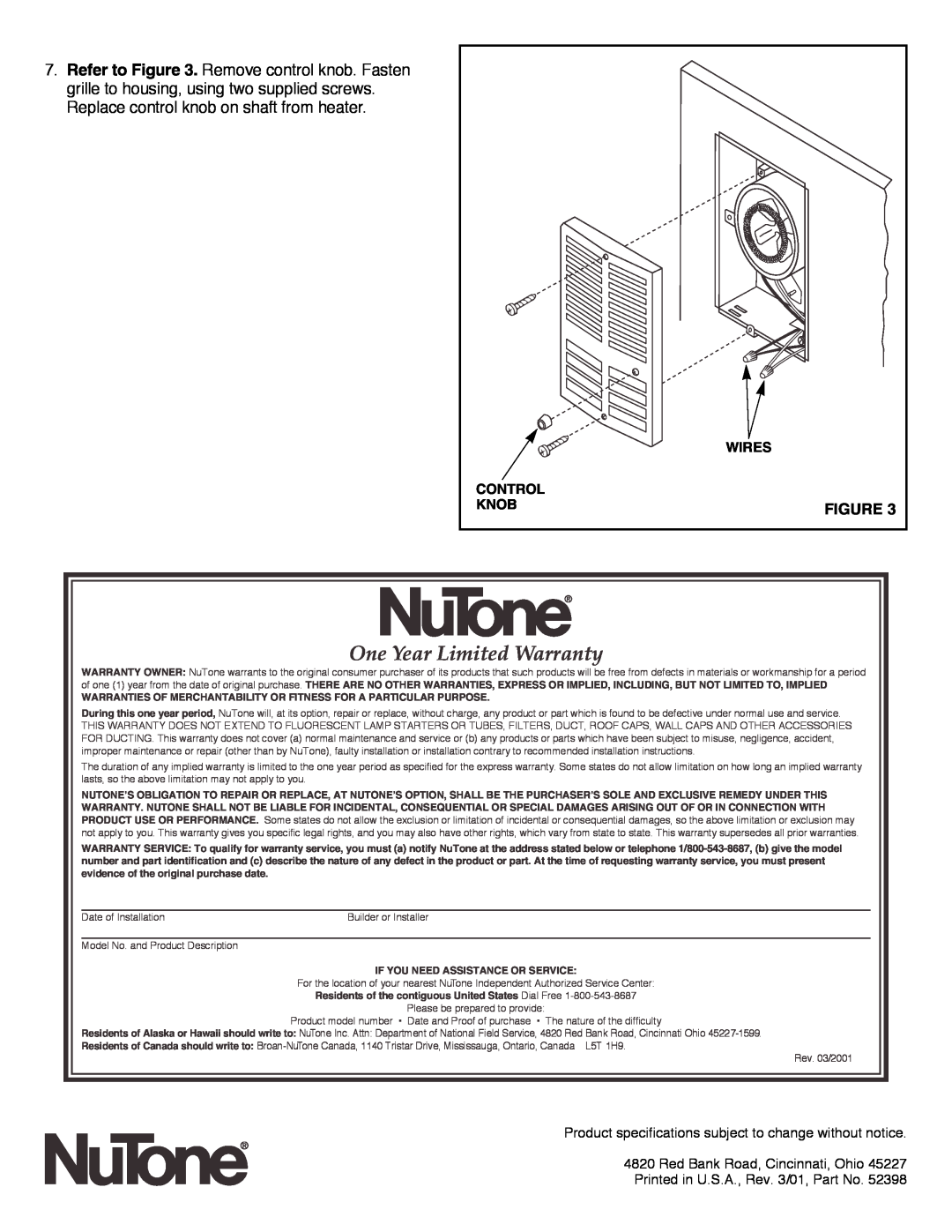 NuTone 9376N installation instructions One Year Limited Warranty, Wires, Control, Knob, Red Bank Road, Cincinnati, Ohio 