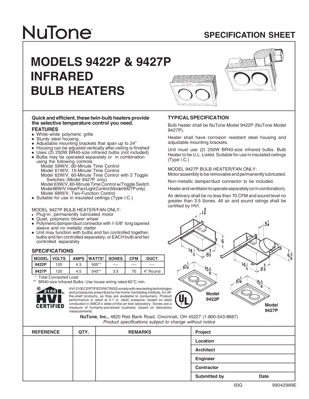 NuTone 9422P, 9427P specifications Infrared Bulb Heaters, Features, Typical Specification, Specifications 