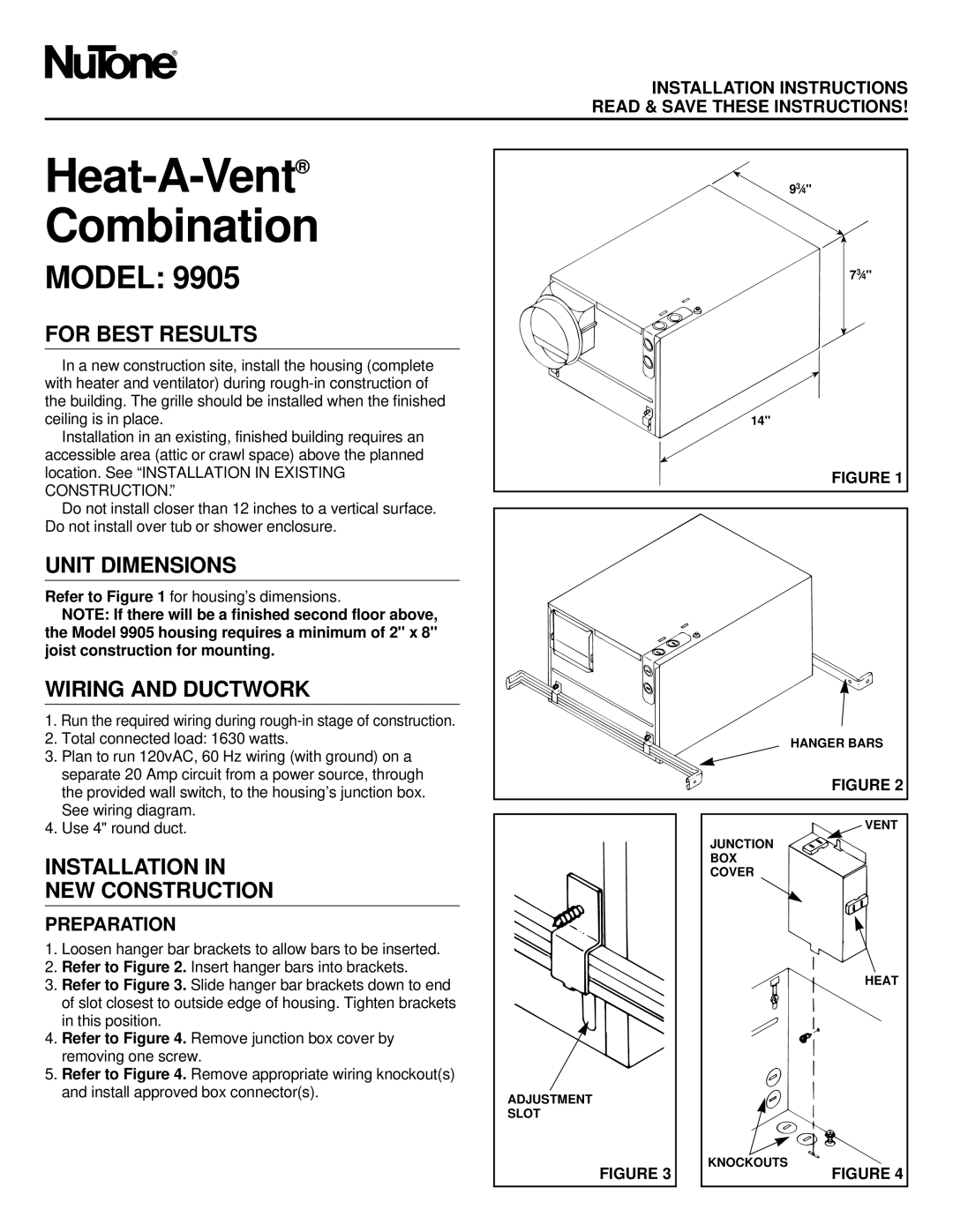 NuTone 9905 installation instructions For Best Results, Unit Dimensions, Wiring and Ductwork, Preparation 