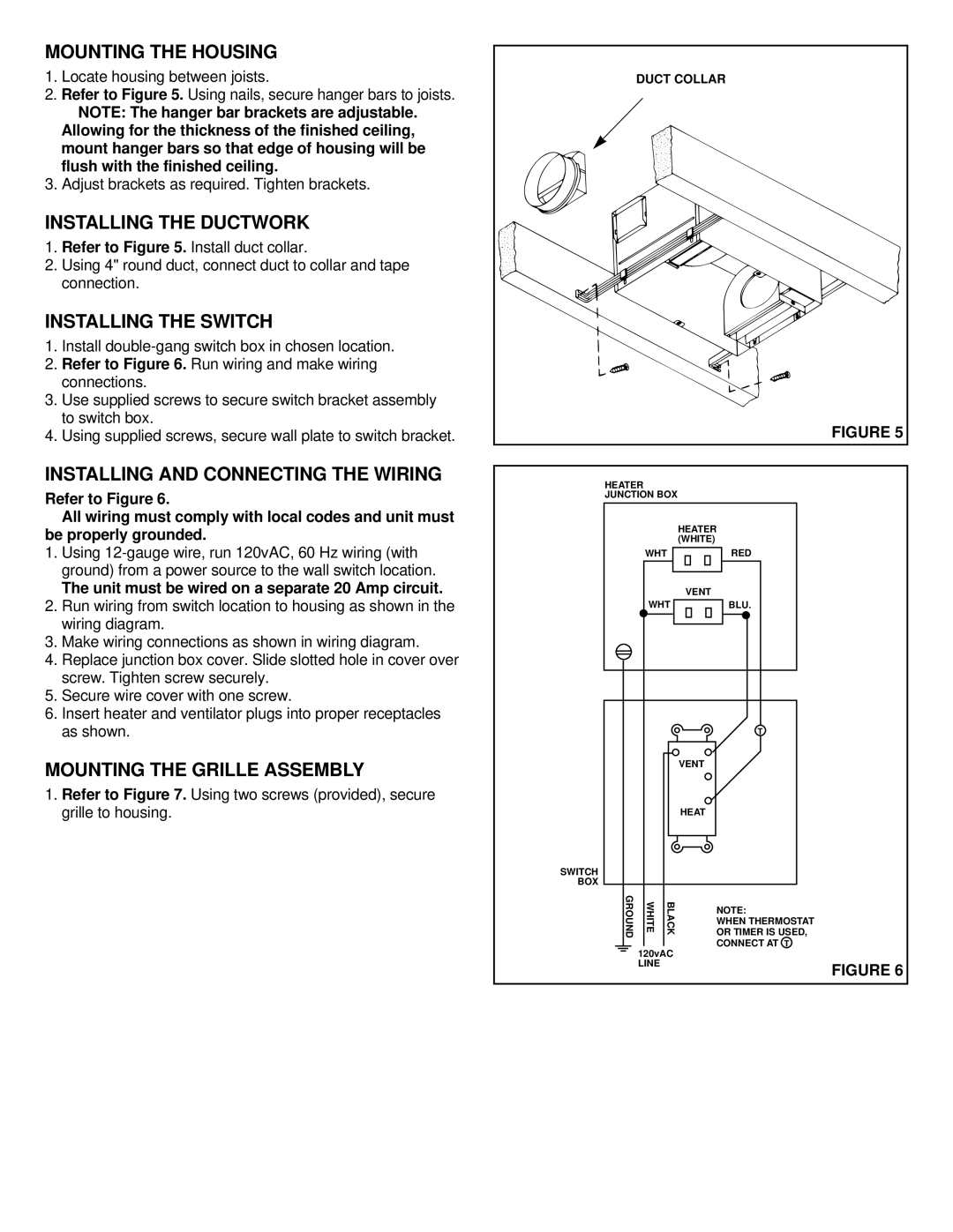 NuTone 9905 Mounting the Housing, Installing the Ductwork, Installing the Switch, Installing and Connecting the Wiring 