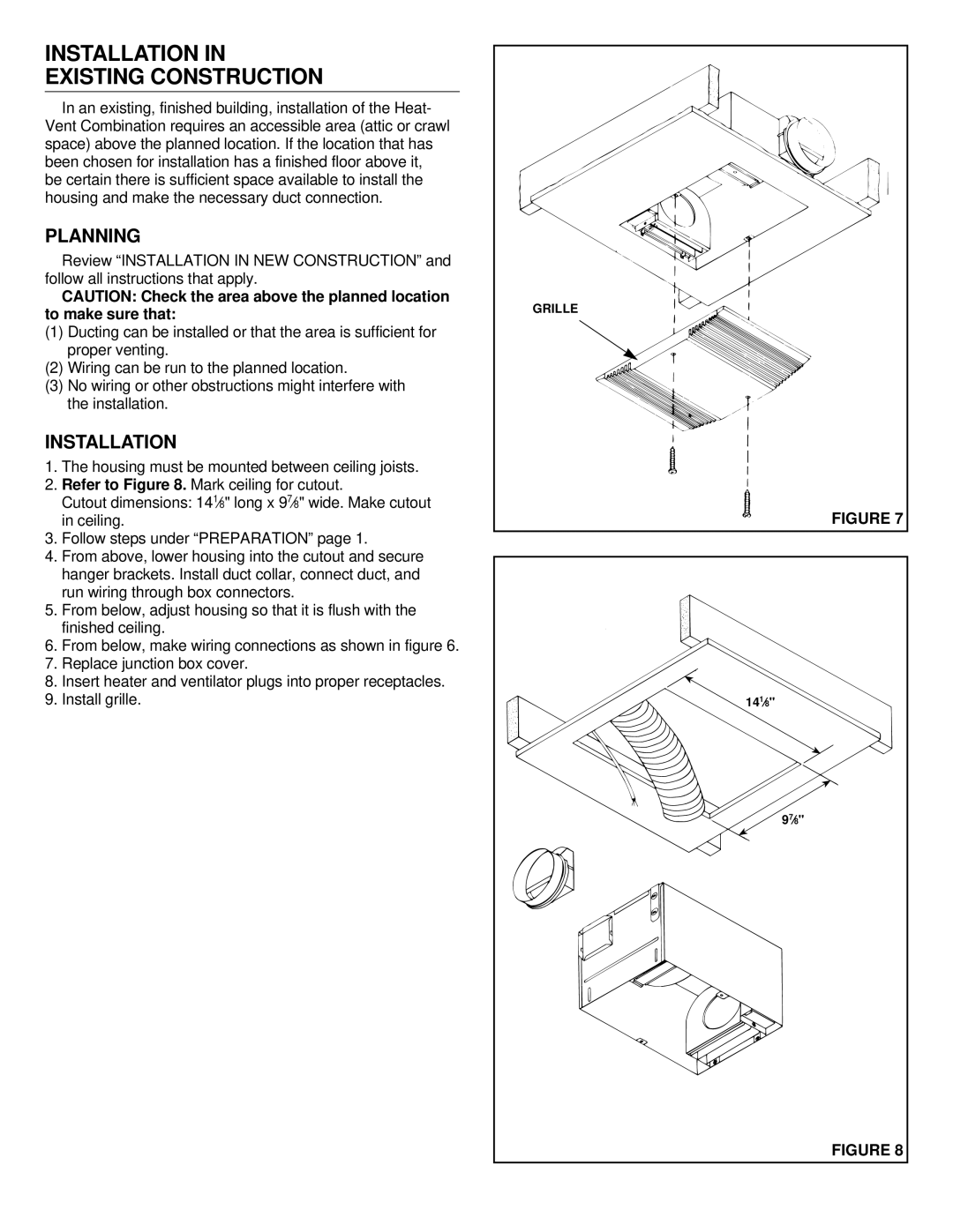 NuTone 9905 installation instructions Installation Existing Construction, Planning 