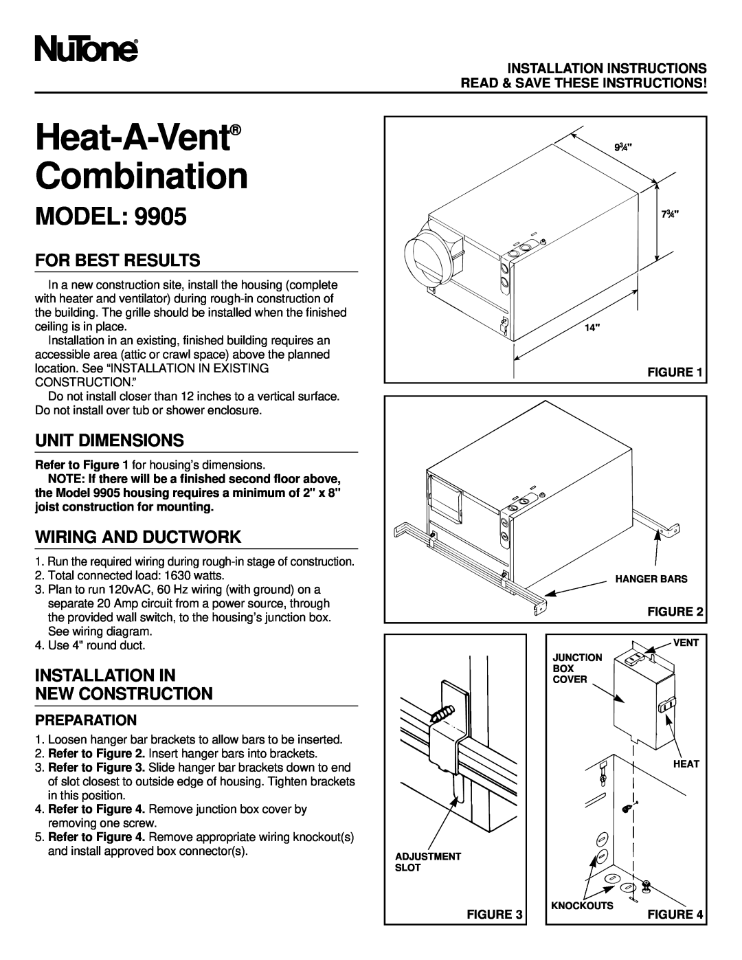 NuTone 9905 installation instructions For Best Results, Unit Dimensions, Wiring And Ductwork, Preparation, Model 